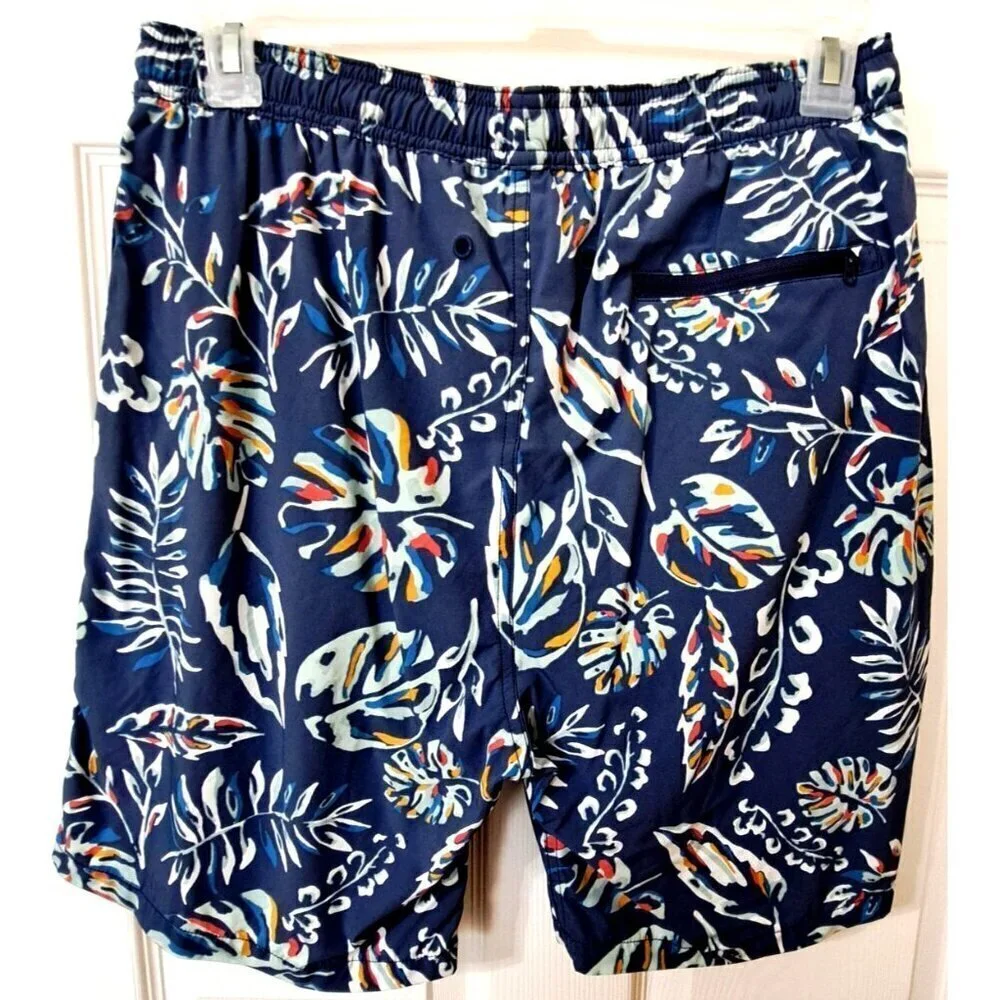 Kirkland Men's L Navy Swim Trunks Multicolor Leaf Print